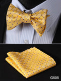mens womens unisex silk bow tie with pocket square hankerchief plaid checkered polka dots paisley