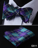 mens womens unisex silk bow tie with pocket square hankerchief plaid checkered polka dots paisley