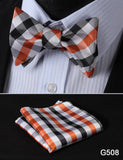 mens womens unisex silk bow tie with pocket square hankerchief plaid checkered polka dots paisley