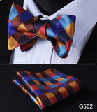 mens womens unisex silk bow tie with pocket square hankerchief plaid checkered polka dots paisley