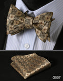 mens womens unisex silk bow tie with pocket square hankerchief plaid checkered polka dots paisley