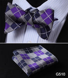 mens womens unisex silk bow tie with pocket square hankerchief plaid checkered polka dots paisley