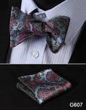 mens womens unisex silk bow tie with pocket square hankerchief plaid checkered polka dots paisley