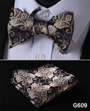 mens womens unisex silk bow tie with pocket square hankerchief plaid checkered polka dots paisley
