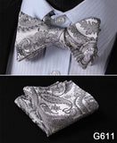 mens womens unisex silk bow tie with pocket square hankerchief plaid checkered polka dots paisley