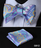 mens womens unisex silk bow tie with pocket square hankerchief plaid checkered polka dots paisley