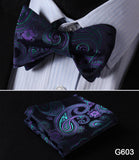 mens womens unisex silk bow tie with pocket square hankerchief plaid checkered polka dots paisley