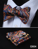 mens womens unisex silk bow tie with pocket square hankerchief plaid checkered polka dots paisley