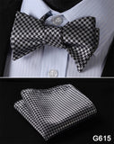mens womens unisex silk bow tie with pocket square hankerchief plaid checkered polka dots paisley
