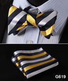 mens womens unisex silk bow tie with pocket square hankerchief plaid checkered polka dots paisley