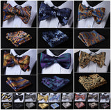 mens womens unisex silk bow tie with pocket square hankerchief plaid checkered polka dots paisley
