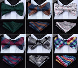 mens womens unisex silk bow tie with pocket square hankerchief plaid checkered polka dots paisley