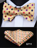 mens womens unisex silk bow tie with pocket square hankerchief plaid checkered polka dots paisley