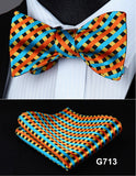 mens womens unisex silk bow tie with pocket square hankerchief plaid checkered polka dots paisley