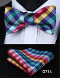 mens womens unisex silk bow tie with pocket square hankerchief plaid checkered polka dots paisley
