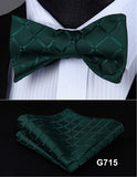 mens womens unisex silk bow tie with pocket square hankerchief plaid checkered polka dots paisley