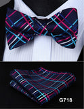 mens womens unisex silk bow tie with pocket square hankerchief plaid checkered polka dots paisley