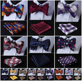 mens womens unisex silk bow tie with pocket square hankerchief plaid checkered polka dots paisley